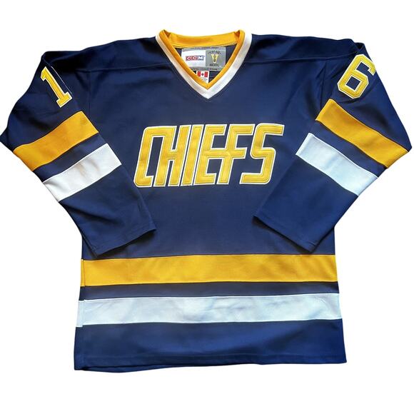 CCM Hanson Brothers Charlestown Chiefs Slap Shot Hockey Jersey Blue/Yellow 50 - Picture 1 of 7